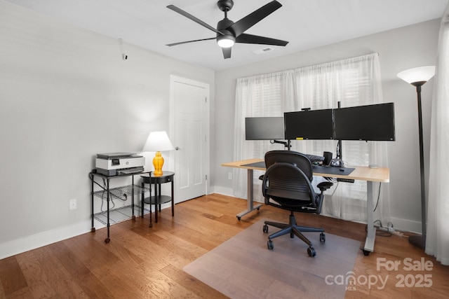 324 Uptown W Dr, Charlotte, NC 28208 - home office featuring baseboards, visible vents, wood finished floors, and ceiling fan