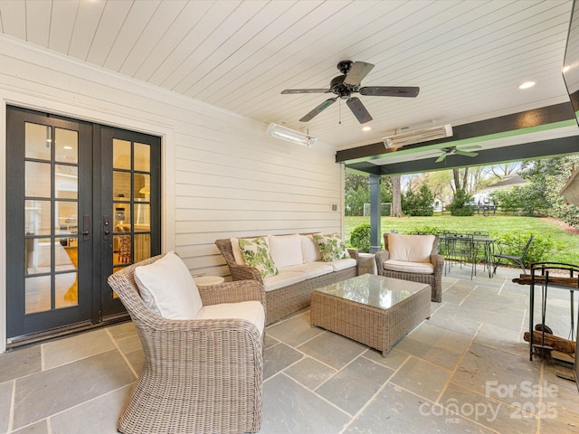 view of patio with french doors, outdoor lounge area, and ceiling fan