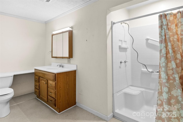 bathroom with vanity, baseboards, curtained shower, crown molding, and toilet