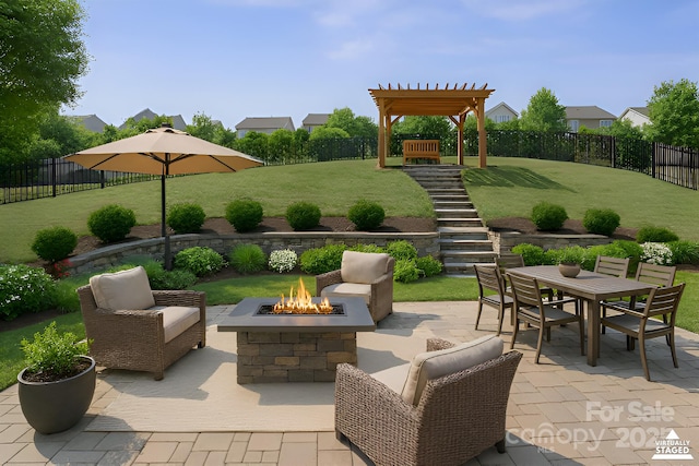 15126 Shallow Ridge Rd, Charlotte, NC 28278 - view of patio / terrace with a fire pit, outdoor dining space, a fenced backyard, and stairway