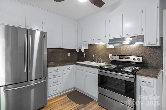 394 Efird St, Gastonia, NC 28054 - kitchen with stainless steel appliances, under cabinet range hood, a sink, and dark countertops