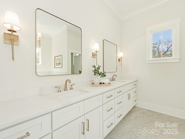 2909 Hanson Dr, Charlotte, NC 28207 - bathroom with plenty of natural light, double vanity, a sink, and ornamental molding