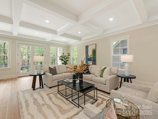 2909 Hanson Dr, Charlotte, NC 28207 - living room featuring light wood-style flooring, baseboards, beamed ceiling, and coffered ceiling
