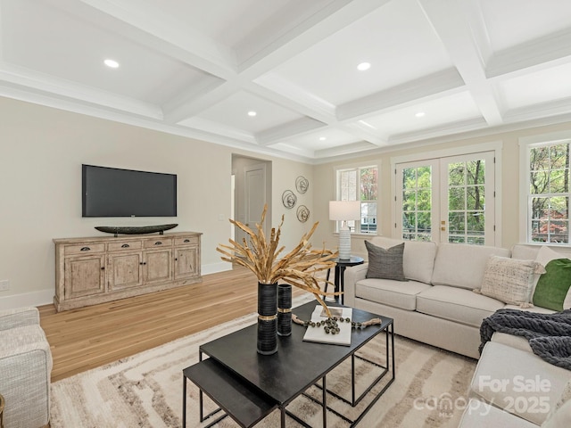 2909 Hanson Dr, Charlotte, NC 28207 - living area with light wood-style flooring, french doors, beamed ceiling, and baseboards