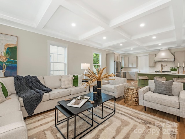 2909 Hanson Dr, Charlotte, NC 28207 - living area with beam ceiling, light wood finished floors, coffered ceiling, and recessed lighting