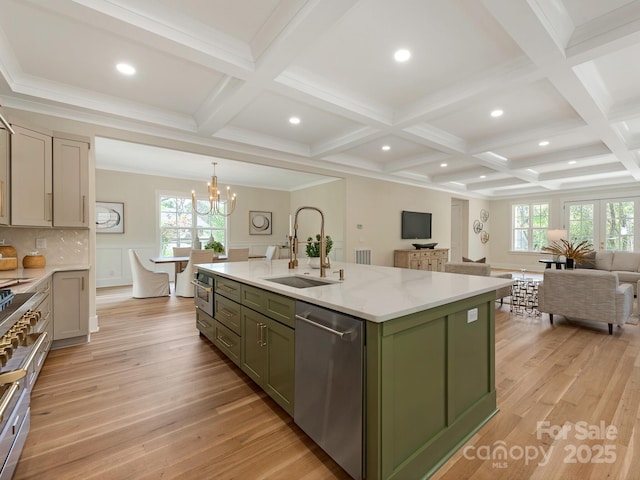 2909 Hanson Dr, Charlotte, NC 28207 - kitchen with green cabinetry, dishwasher, a sink, open floor plan, and beam ceiling