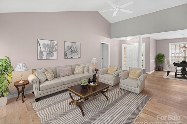 135 S Sunberry Trl, Fletcher, NC 28732 - living room with light wood-style flooring, high vaulted ceiling, ceiling fan, and baseboards