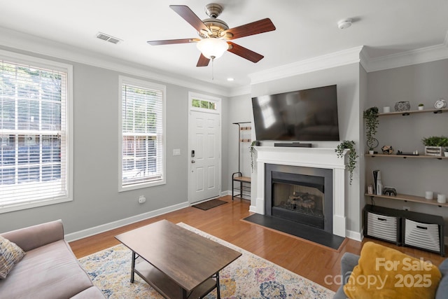 living area featuring crown molding, a fireplace, a ceiling fan, visible vents, and wood finished floors