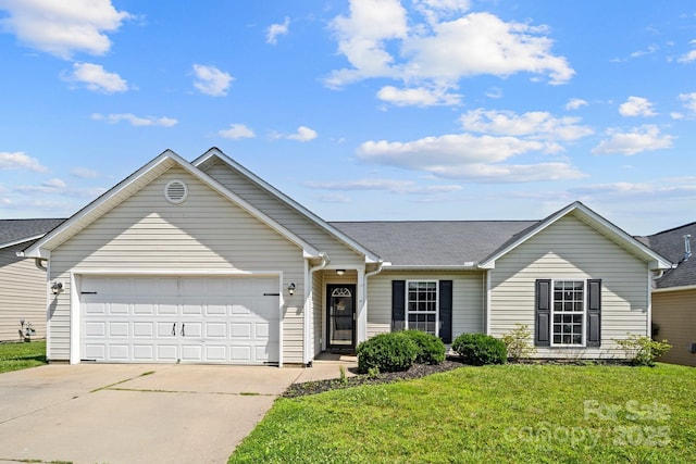 ranch-style home featuring an attached garage, roof with shingles, a front yard, and driveway