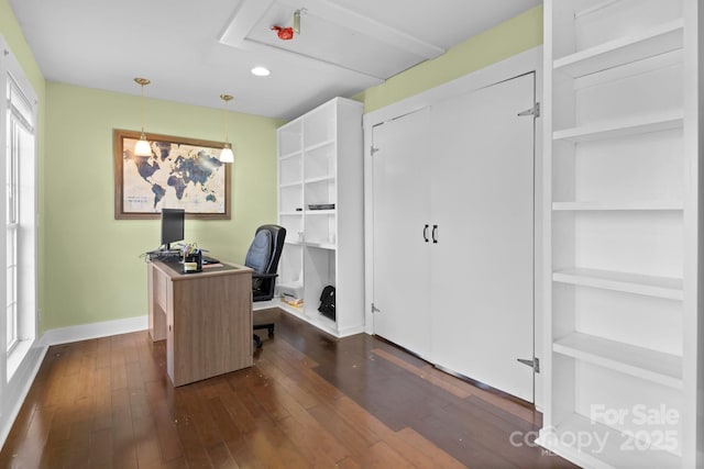 office area featuring recessed lighting, baseboards, plenty of natural light, and dark wood finished floors