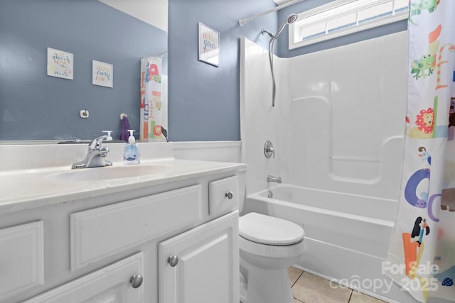 full bathroom with vanity, tile patterned flooring, shower / bath combo, and toilet