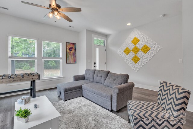 648 W End Dr, Charlotte, NC 28208 - living area featuring wood finished floors, baseboards, a ceiling fan, and recessed lighting