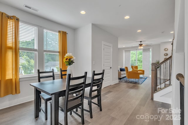 648 W End Dr, Charlotte, NC 28208 - dining space with light wood-style floors, recessed lighting, stairway, baseboards, and a ceiling fan