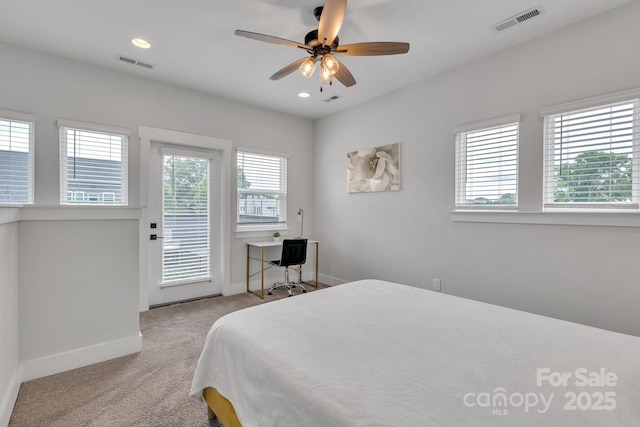 648 W End Dr, Charlotte, NC 28208 - carpeted bedroom with access to outside, baseboards, multiple windows, ceiling fan, and recessed lighting