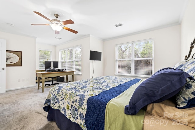 carpeted bedroom with crown molding, baseboards, multiple windows, and visible vents