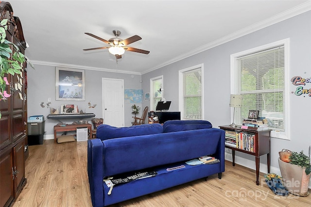 8301 Washington Blvd, Charlotte, NC 28262 - living room with baseboards, light wood-type flooring, ornamental molding, and ceiling fan