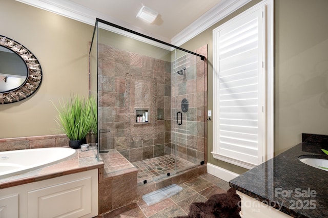 288 Macon Ave Unit 108, Asheville, NC 28804 - full bathroom with vanity, ornamental molding, a stall shower, and a garden tub