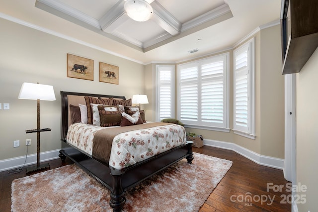 288 Macon Ave Unit 108, Asheville, NC 28804 - bedroom featuring visible vents, crown molding, baseboards, wood-type flooring, and coffered ceiling