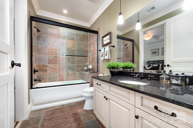 288 Macon Ave Unit 108, Asheville, NC 28804 - full bathroom with vanity, toilet, visible vents, ornamental molding, and bath / shower combo with glass door
