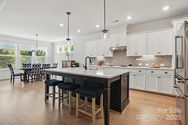 4120 Spring Cove Way, Belmont, NC 28012 - kitchen with under cabinet range hood, high quality fridge, light countertops, backsplash, and visible vents