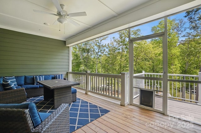 4120 Spring Cove Way, Belmont, NC 28012 - wooden deck featuring an outdoor hangout area and a ceiling fan