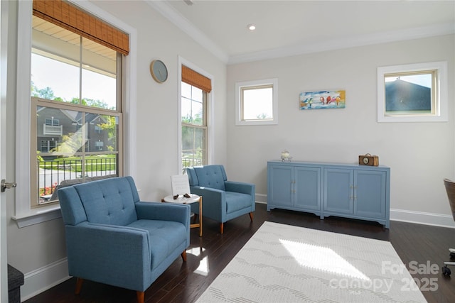 8313 Balcony Bridge Rd, Huntersville, NC 28078 - sitting room featuring crown molding, dark wood-style floors, baseboards, and recessed lighting