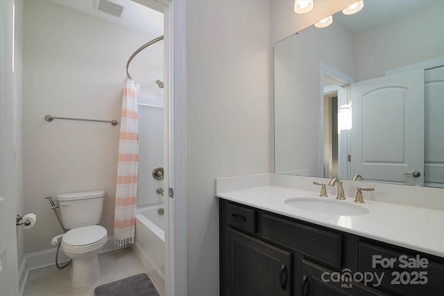 8313 Balcony Bridge Rd, Huntersville, NC 28078 - full bathroom featuring vanity, toilet, shower / bathtub combination with curtain, tile patterned floors, and baseboards