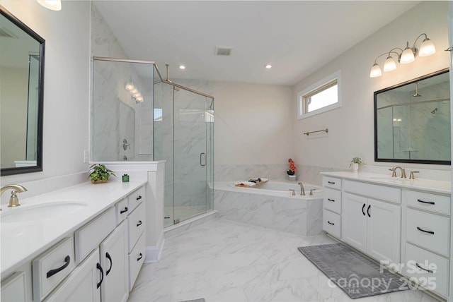 8313 Balcony Bridge Rd, Huntersville, NC 28078 - full bath featuring a marble finish shower, a garden tub, two vanities, marble finish flooring, and recessed lighting