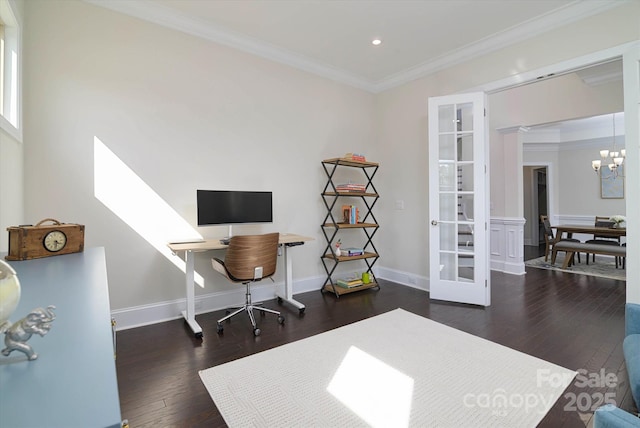 8313 Balcony Bridge Rd, Huntersville, NC 28078 - office featuring hardwood / wood-style floors, recessed lighting, a chandelier, baseboards, and crown molding