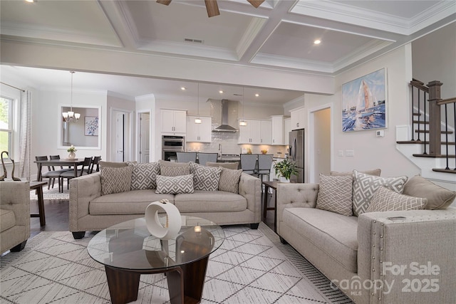 8313 Balcony Bridge Rd, Huntersville, NC 28078 - living room featuring coffered ceiling, a chandelier, ornamental molding, stairs, and beamed ceiling