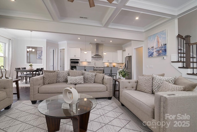 8313 Balcony Bridge Rd, Huntersville, NC 28078 - living room featuring coffered ceiling, crown molding, a chandelier, stairs, and beam ceiling