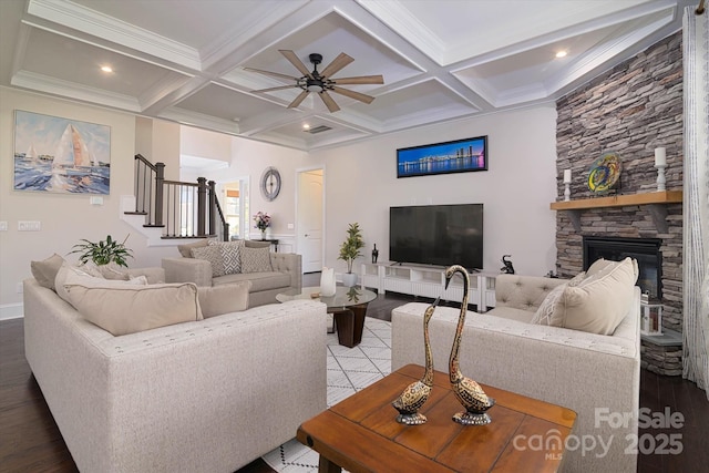8313 Balcony Bridge Rd, Huntersville, NC 28078 - living room featuring stairway, beam ceiling, wood finished floors, coffered ceiling, and a ceiling fan