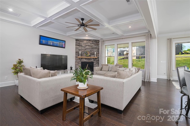8313 Balcony Bridge Rd, Huntersville, NC 28078 - living room with baseboards, a ceiling fan, dark wood finished floors, beamed ceiling, and a stone fireplace
