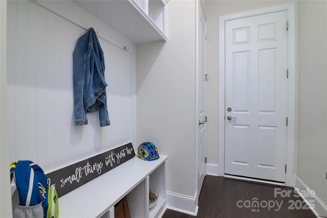 8313 Balcony Bridge Rd, Huntersville, NC 28078 - mudroom featuring dark wood-style flooring and baseboards