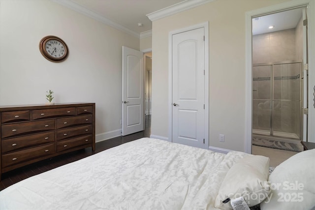 8313 Balcony Bridge Rd, Huntersville, NC 28078 - bedroom featuring crown molding, dark wood-type flooring, baseboards, and ensuite bathroom