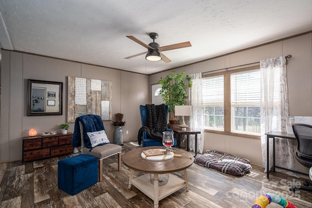 980 Lakeland Ave, Lincolnton, NC 28092 - living area featuring wood finished floors, ceiling fan, ornamental molding, and a textured ceiling