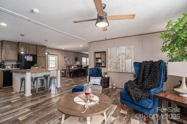 980 Lakeland Ave, Lincolnton, NC 28092 - living area featuring a textured ceiling, dark wood-style floors, ceiling fan, and ornamental molding