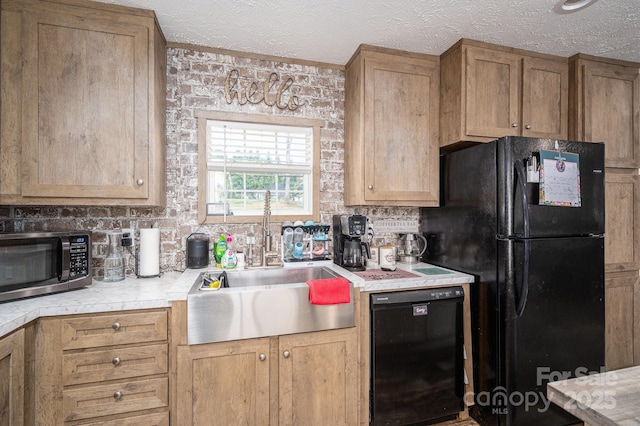 980 Lakeland Ave, Lincolnton, NC 28092 - kitchen with a textured ceiling, brown cabinets, tasteful backsplash, a sink, and black appliances