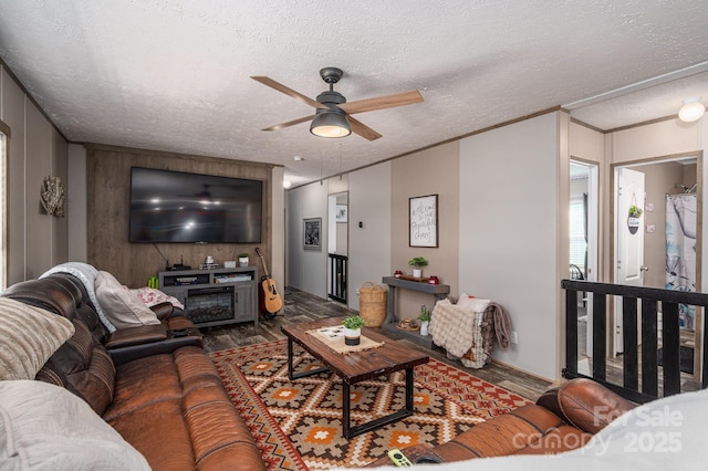 980 Lakeland Ave, Lincolnton, NC 28092 - living room with crown molding, a textured ceiling, wood finished floors, and a ceiling fan