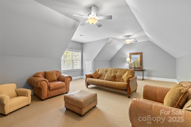living area featuring visible vents, baseboards, a ceiling fan, vaulted ceiling, and light colored carpet