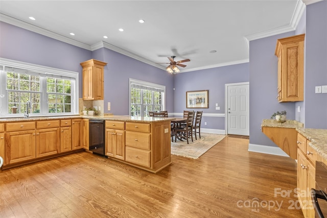 kitchen featuring a sink, ornamental molding, a ceiling fan, a peninsula, and light wood finished floors