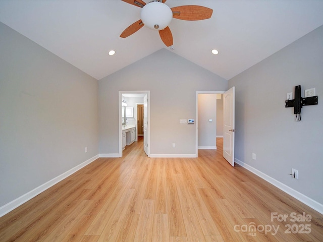 4754 Polo Gate Blvd, Charlotte, NC 28216 - unfurnished bedroom with baseboards, ceiling fan, recessed lighting, lofted ceiling, and light wood-style floors