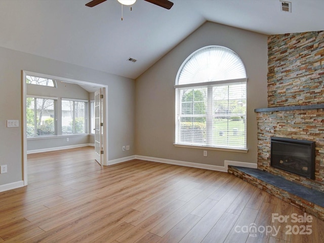 4754 Polo Gate Blvd, Charlotte, NC 28216 - unfurnished living room featuring light wood finished floors, visible vents, lofted ceiling, and ceiling fan