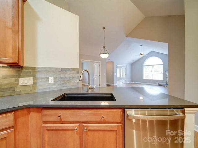 4754 Polo Gate Blvd, Charlotte, NC 28216 - kitchen with a sink, dark countertops, open floor plan, and dishwasher