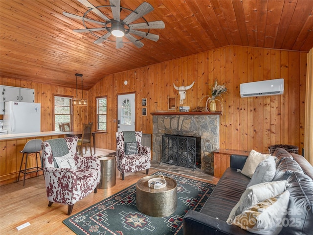 living area with a wall mounted air conditioner, wooden ceiling, lofted ceiling, and wood walls