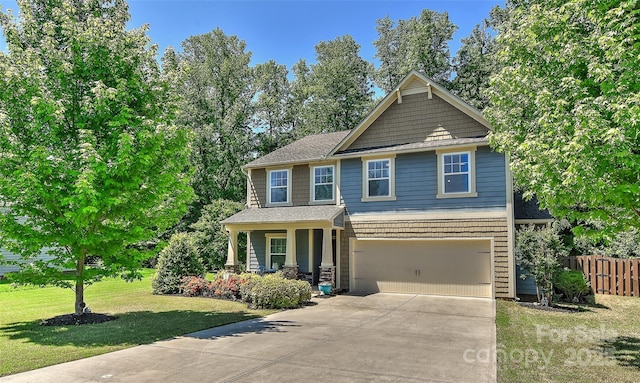 15035 Ockeechobee Ct, Mint Hill, NC 28227 - craftsman-style house featuring covered porch, fence, a front lawn, concrete driveway, and an attached garage