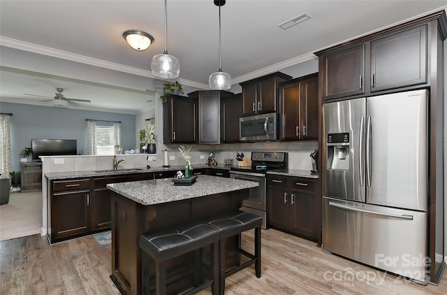 15035 Ockeechobee Ct, Mint Hill, NC 28227 - kitchen with appliances with stainless steel finishes, light stone counters, dark brown cabinets, and light wood finished floors