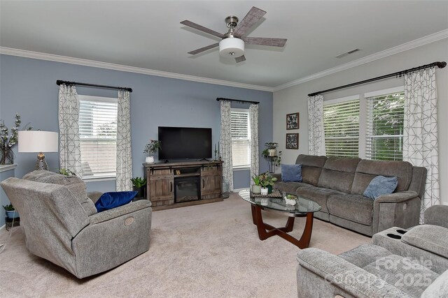 15035 Ockeechobee Ct, Mint Hill, NC 28227 - carpeted living area featuring visible vents, a healthy amount of sunlight, and ornamental molding