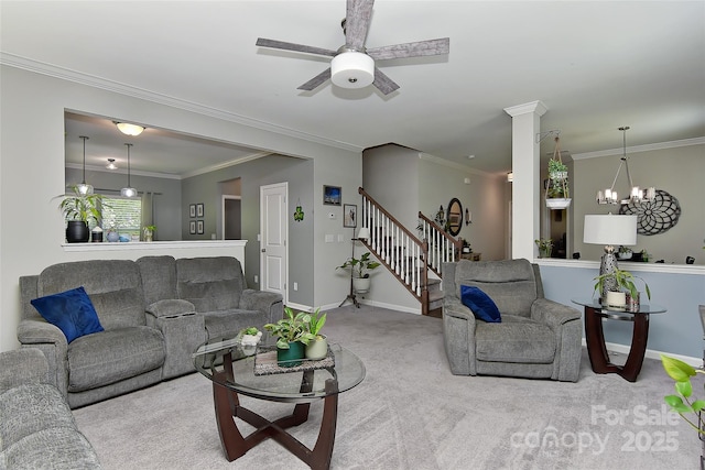 15035 Ockeechobee Ct, Mint Hill, NC 28227 - carpeted living area featuring baseboards, ornamental molding, ceiling fan with notable chandelier, and stairs