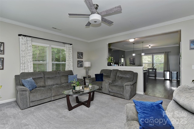 15035 Ockeechobee Ct, Mint Hill, NC 28227 - living area featuring baseboards, visible vents, ornamental molding, and ceiling fan